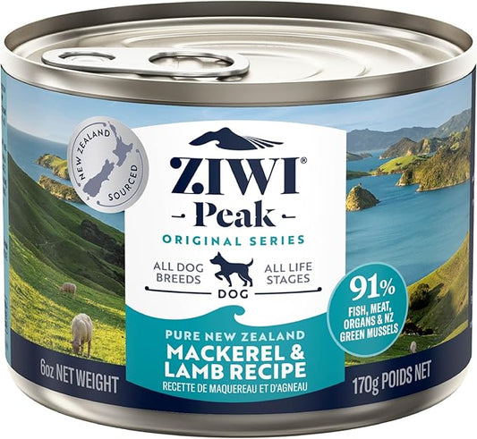 ZIWI Peak Canned Wet Dog Food – All Natural, High Protein, Grain Free, Limited Ingredient, with Superfoods (Mackerel & Lamb, Case of 12, 6oz Cans)