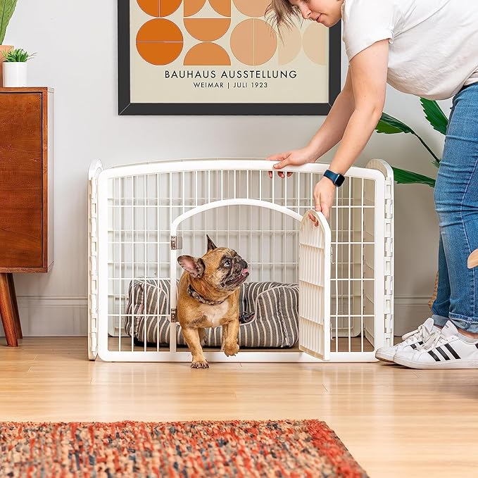 IRIS USA Dog Playpen, 4-Panel 24" Pet Playpen with Door, Puppy Playpen, Indoor/Outdoor Dog Pen, 35 x 35 x 24, Foldable, Customizable, White