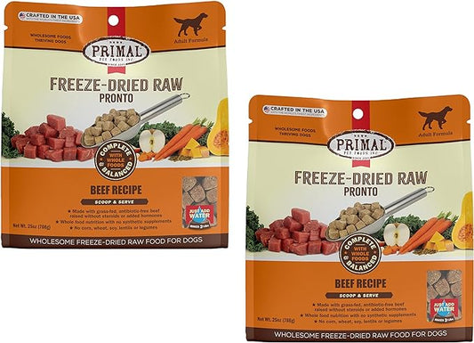 Primal Freeze Dried Dog Food Pronto, Beef; Scoop & Serve, Complete & Balanced Meal; Also Use as Topper or Treat; Premium, Healthy, Grain Free High Protein Raw Dog Food (25 oz, 2-pack)