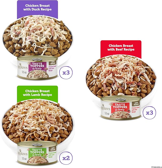 Applaws Taste Toppers, Natural Dog Food Topper, 8 Count, Limited Ingredient, Grain Free, Meal Topper for Dogs, Gravy Variety Count, 5.5oz Dog Food Cans
