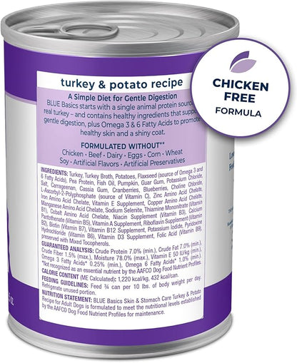 Blue Buffalo Basics Grain-Free Adult Wet Dog Food, Skin & Stomach Care, Limited Ingredient Diet, Turkey Recipe, 12.5-oz. Can, 12 Count