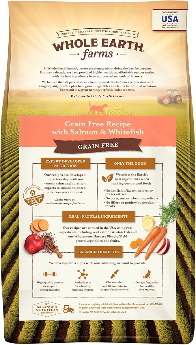Whole Earth Farms Natural Grain Free Dry Kibble, Wholesome And Healthy Dog Food, Salmon And Whitefish Recipe - 25 LB Bag