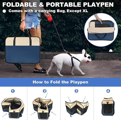Dog Playpen, Cat Playpen - Foldable Pet Playpen with Carrying Case, Portable Pet Tent for Indoor/Outdoor Use | Water Resistant | Removable Shade Cover - (Blue, Small)
