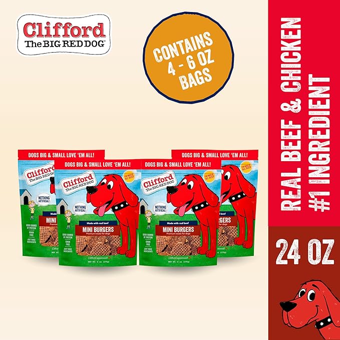 Clifford® Beef Mini Burger Bites Dog Treats | Real Meat Dog Treats for All Breed Dogs | Puppy Training Treats, Grain and Rawhide Free, High Protein, Healthy Dog Treats - Limited Ingredients (24oz)