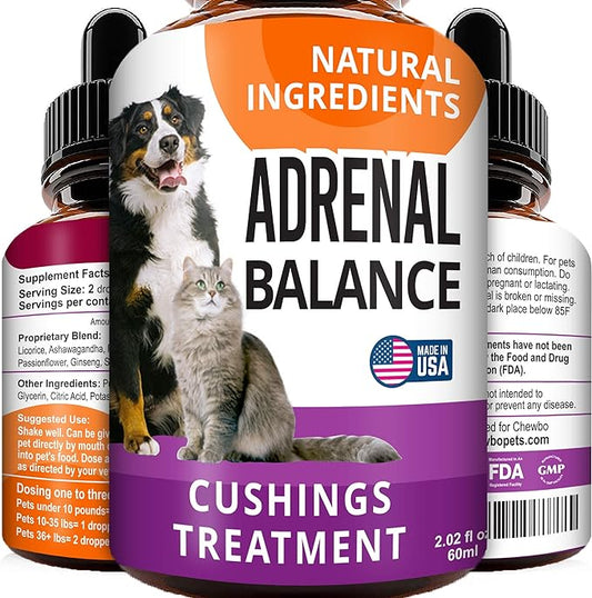 Adrenal Balance for Dogs and Cats - Cushings Treatment for Pets, Adrenal Support w/ Ashwagandha, Licorice Root, Rhodiola Rosea - 2oz Herbal Drops