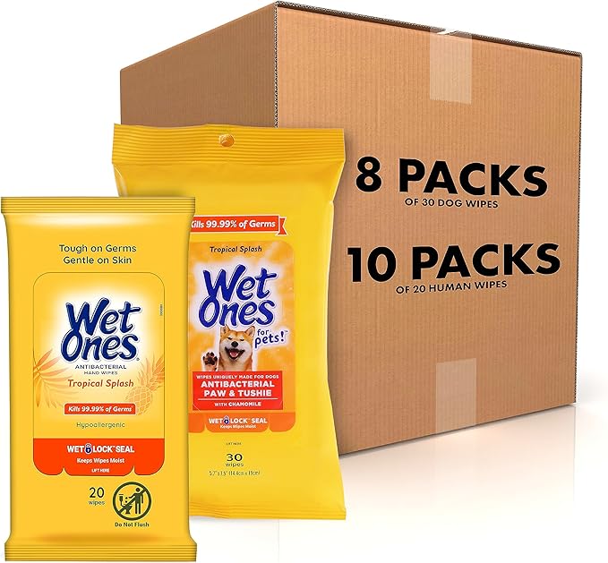 Wet Ones Mixed 18 Piece Bundle of Human & Pet Wet Wipes, Tropical Splash Scent| 10 Packs Antibacterial Wipes, 20 Ct Plus 8 Packs for Pets Paw & Tushie Dog Wipes, 30ct
