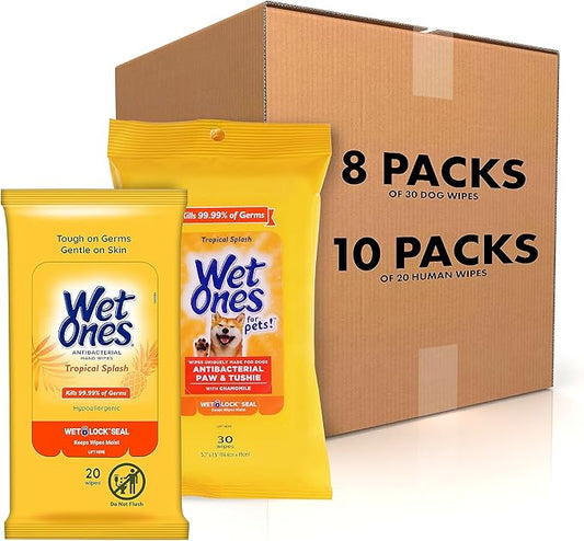 Wet Ones Mixed 18 Piece Bundle of Human & Pet Wet Wipes, Tropical Splash Scent| 10 Packs Antibacterial Wipes, 20 Ct Plus 8 Packs for Pets Paw & Tushie Dog Wipes, 30ct