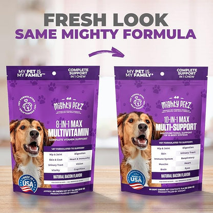 Mighty Petz MAX Dog Multivitamin - Senior & Adult Dog Vitamins 10 in 1 Complete Support for Joints, Immunity, Mobility, Gut, Energy, Skin Health. Daily Pet Chewable Supplement