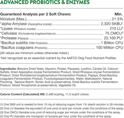 NaturVet Advanced Probiotics and Enzymes Supplement, Plus Vet Strength PB6 Probiotic, Soft Chews, Made in The USA with Globally Source Ingredients 70 Soft Chews