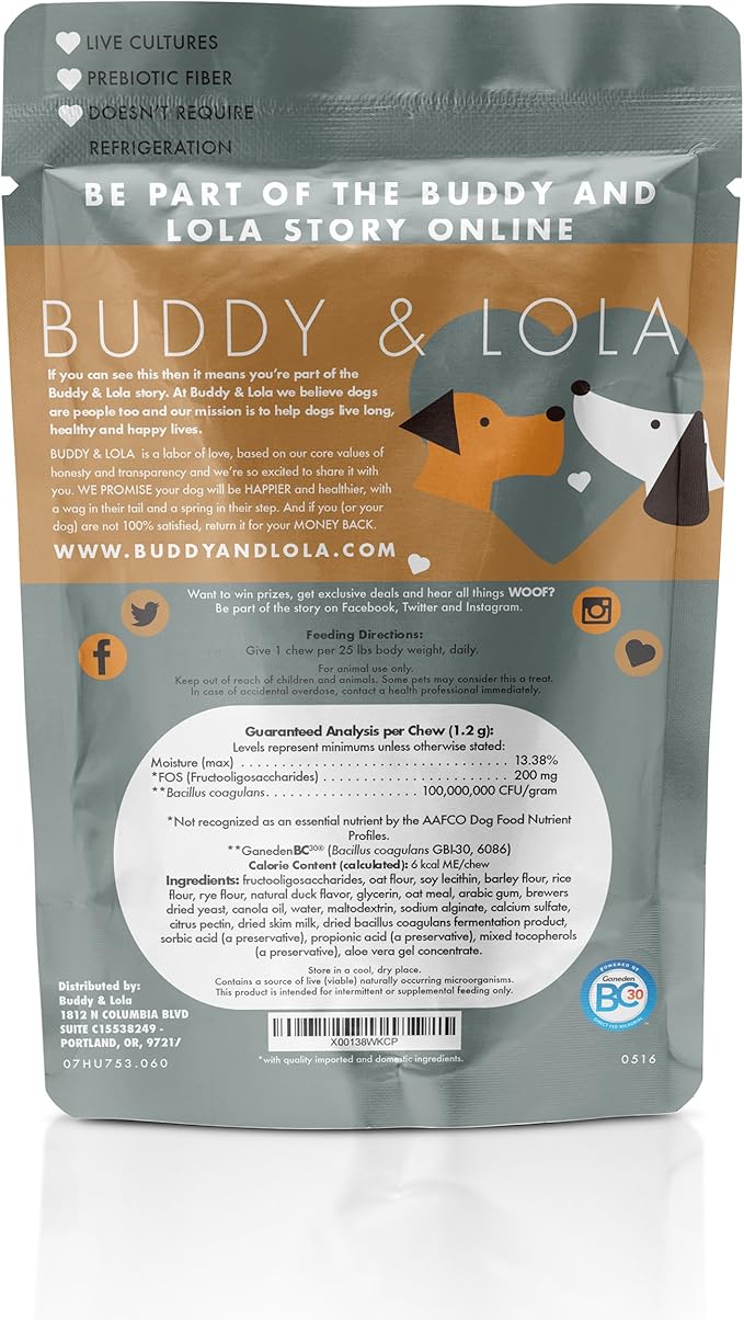 Buddy & Lola Dogs Chews for All Breeds and Sizes - Natural Dog Probiotics Improve Digestion, Help The Immune System, Settle an Upset Stomach Made in USA