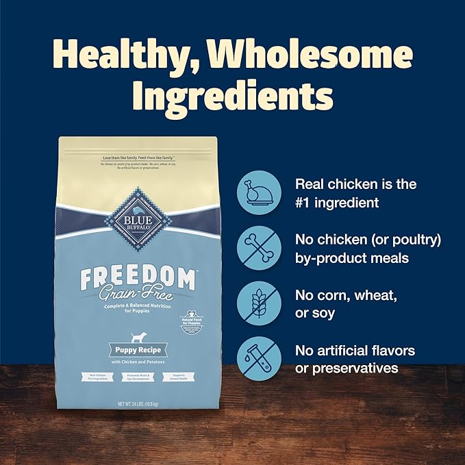 Blue Buffalo Freedom Grain-Free Puppy Dry Dog Food with DHA, Complete & Balanced Nutrition for Puppies, Made in the USA, Chicken & Potatoes, 24-lb. Bag