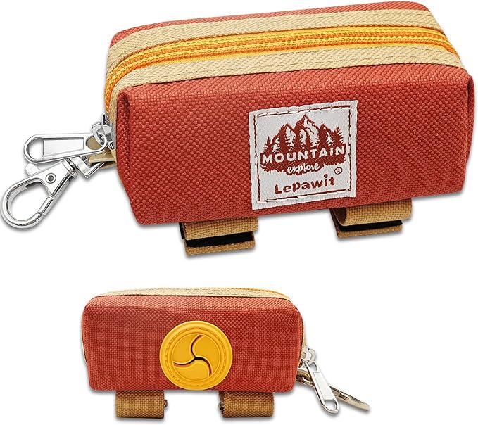 Dog Poop Bag Holder Zippered Pouch, Portable Dog Poop Bag Dispenser with 1 Metal Clip, Fashion Color Matching Canvas Waste Bag Holder for Leashes - Brown