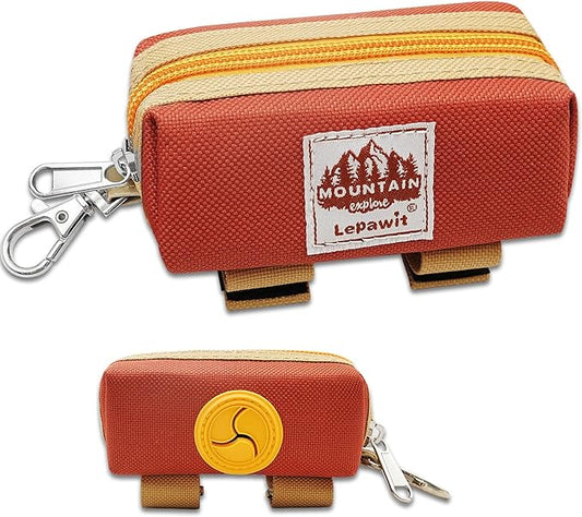 Dog Poop Bag Holder Zippered Pouch, Portable Dog Poop Bag Dispenser with 1 Metal Clip, Fashion Color Matching Canvas Waste Bag Holder for Leashes - Brown