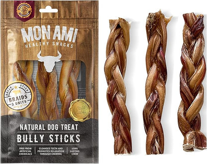 Mon Ami Braided Bully Sticks for Large and Small Dogs (5-6 inches, Pack of 12) - Made from Grass Fed Beef Dog Treats - Natural Bully Sticks - Grain Free & High Protein Dog Snack