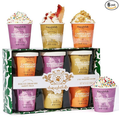 Thoughtfully Pets, Mini Dog Ice Cream Gift Set, Includes 3 Flavors of Dog-Friendly Ice Cream Powder Mix in Paper Cups, Just Add Water and Freeze, Set of 6