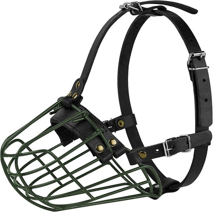Pitbull Dog Muzzle Metal Mask Amstaff Secure Wire Basket Adjustable Durable Leather Straps for Large Dogs (Green)
