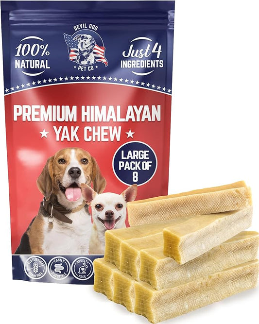 Devil Dog Pet Co. Himalayan Yak Chews – Large 8 Pack, Yak Cheese Dog Chews, 100% Natural & Healthy, Odor Free, Long Lasting, Yak Chew Treats – Premium Yak Milk Dog Chew, Yak Bones for Dogs