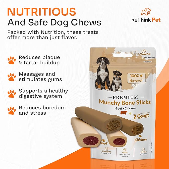 Premium Munchy Bone Sticks for Pets, Long Lasting Dog Chews for Aggressive Chewers, 2pc
