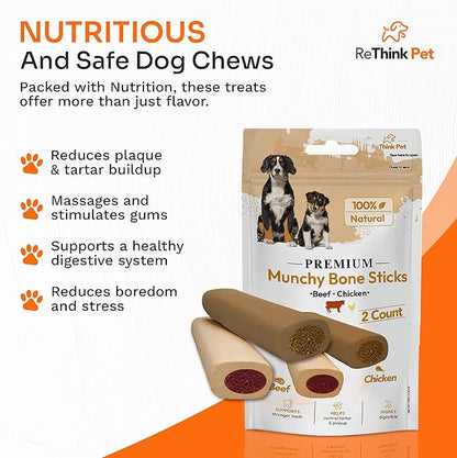 Premium Munchy Bone Sticks for Pets, Long Lasting Dog Chews for Aggressive Chewers, 2pc