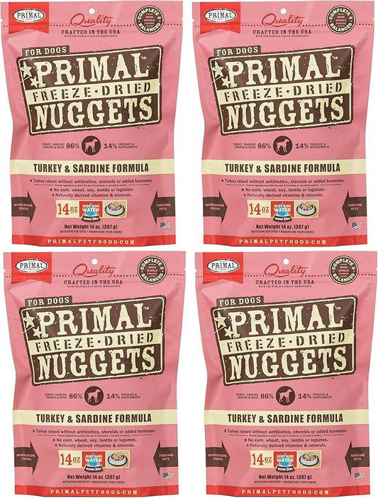 Primal Freeze Dried Dog Food Nuggets, Turkey & Sardine; Complete & Balanced Meal; Also Use as Topper or Treat; Premium, Healthy, Grain Free, High Protein Raw Dog Food, 14 oz (Pack of 4)
