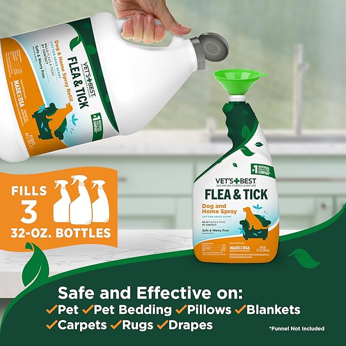 Vet’s Best Flea & Tick Home Spray Refill for Dogs – Cotton Spice Scent Dog Flea & Tick Aid – Made in The USA – Flea & Tick Home Spray – Flea Protection for Dogs – 96 oz