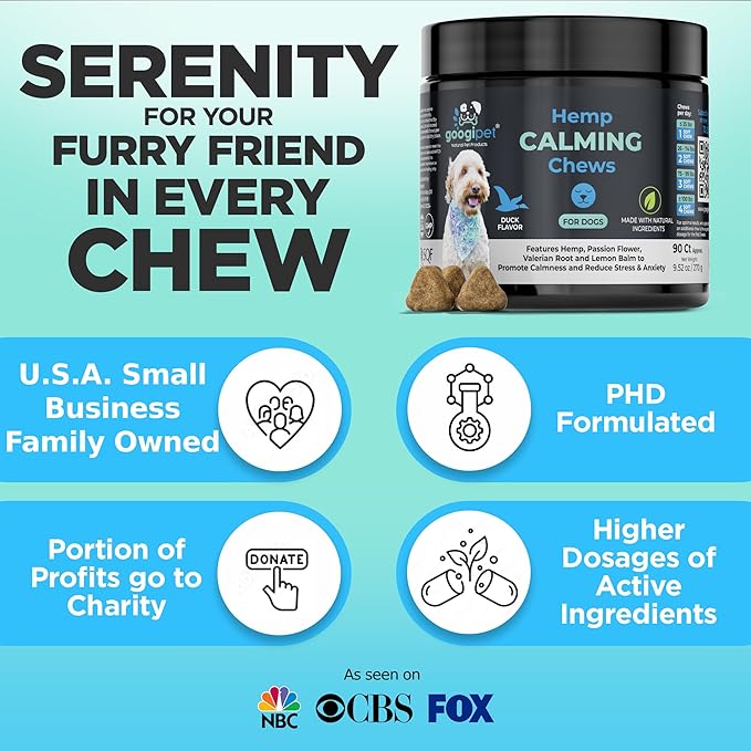 Googipet Hemp Calming Chews for Dogs - Separation Anxiety Relief for Dogs, Dog Calming Chews with Valerian Root, & Hemp, Non-Drowsy Dog Calming Treats - Helps Aid with Thunder, Shaking & Barking