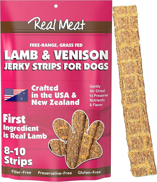 Real Meat Lamb & Venison Jerky Dog Treats - 8 Air-Dried Strips of Jerky Treats for Dogs - Grain-Free Jerky Treats Dog Snacks with 95% Human-Grade Free-Range Lamb & Venison - All-Natural Dog Jerky