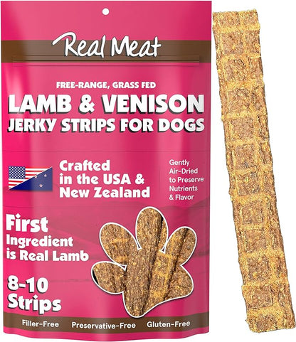 Real Meat Lamb & Venison Jerky Dog Treats - 8 Air-Dried Strips of Jerky Treats for Dogs - Grain-Free Jerky Treats Dog Snacks with 95% Human-Grade Free-Range Lamb & Venison - All-Natural Dog Jerky