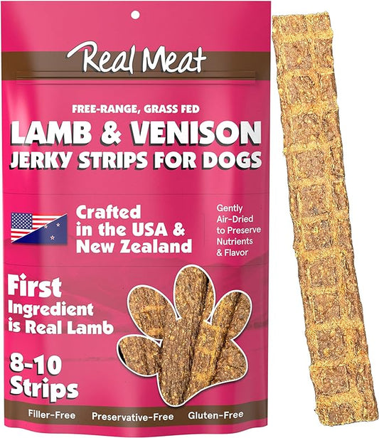 Real Meat Lamb & Venison Jerky Dog Treats - 8 Air-Dried Strips of Jerky Treats for Dogs - Grain-Free Jerky Treats Dog Snacks with 95% Human-Grade Free-Range Lamb & Venison - All-Natural Dog Jerky