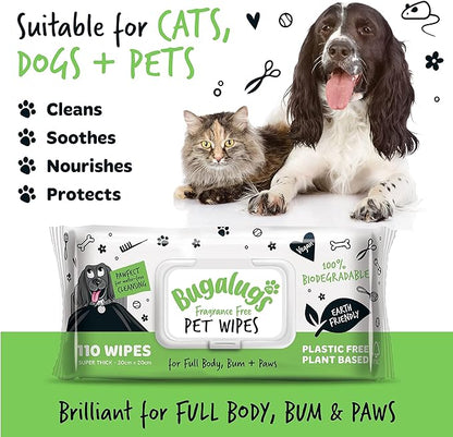Dog Wipes, 100% Plastic Free Biodegradable pet wipes for full body, eye wipes, ear wipes, bum & paws. 110 sensitive dog grooming wipes for dogs, puppy & cat grooming (Fragrance Free)