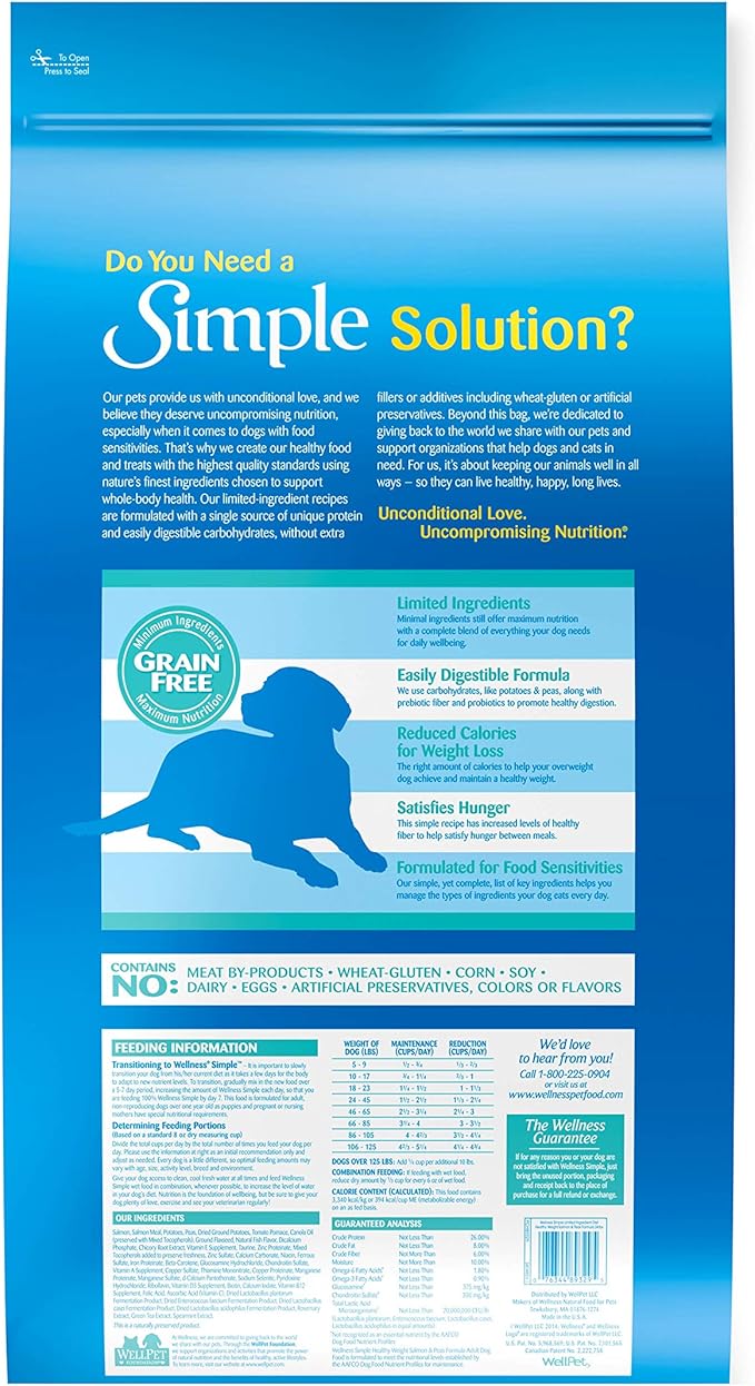 Wellness Natural Pet Food Simple Natural Limited-Ingredient Grain-Free Dry Dog Food, Easy to Digest for Sensitive Stomachs, Supports Skin & Coat (Healthy Weight, Salmon and Peas, 24-Pound Bag)