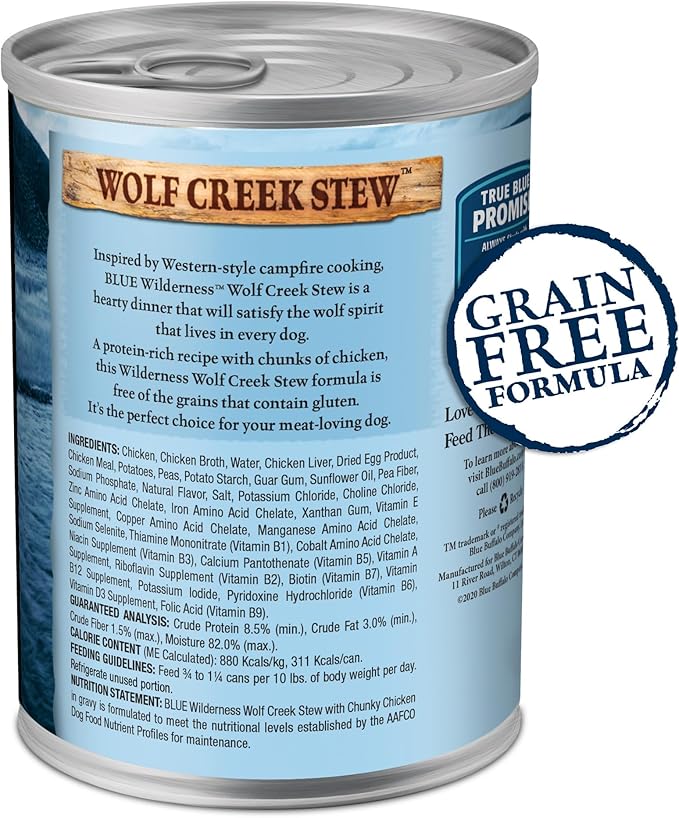 Blue Buffalo Wilderness Wolf Creek Stew High Protein, Natural Wet Dog Food, Chunky Chicken Stew in gravy 12.5-oz cans (Pack of 12)