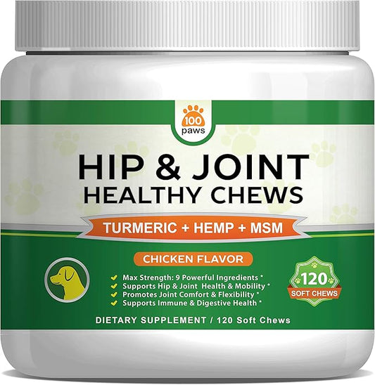 Hip & Joint Supplement for Dogs - Hemp Oil Infused Soft Chews Dog Treats w/Glucosamine, Turmeric, Chondroitin, MSM & Omega 3 6 9 -Supports Pet Mobility & Pain Relief-120 Treat Bites