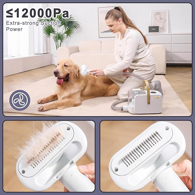 2.0L Dog Grooming Kit, Pet Grooming Kit & Vacuum Suction 99% Pet Hair Groomer, Professional Grooming Clippers with 5 Proven Grooming Tools for Dogs Cats, Quiet Pet Vacuum Groomer (White)