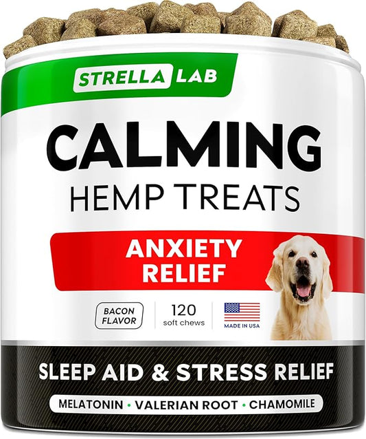 STRELLALAB Advanced Calming Hemp Chews for Dogs - Stress & Anxiety Relief - Behavior Aid - Natural Stress Relief During Firework, Storm, Barking - 120 Treats - Bacon