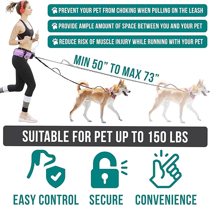 PetAmi Hands Free Dog Leash, Dog Running Leash Belt Bag for Walking, Jogging, Dog Waist Double Zipper Pouch with Poop Bag Dispenser, Dual Padded Handles Reflective Bungee Leash, Double