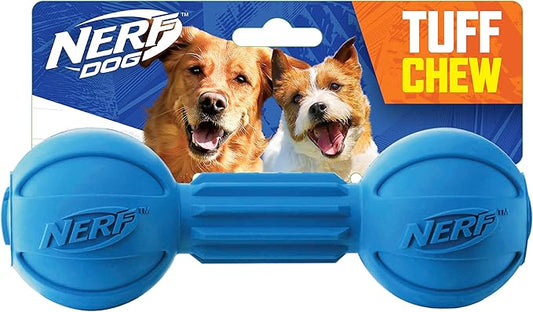 Nerf Dog Rubber Chew Barbell Dog Toy For Aggressive Chewers, Lightweight, Durable and Water Resistant, 7.5 Inches, For Medium/Large Breeds, Single Unit, Blue