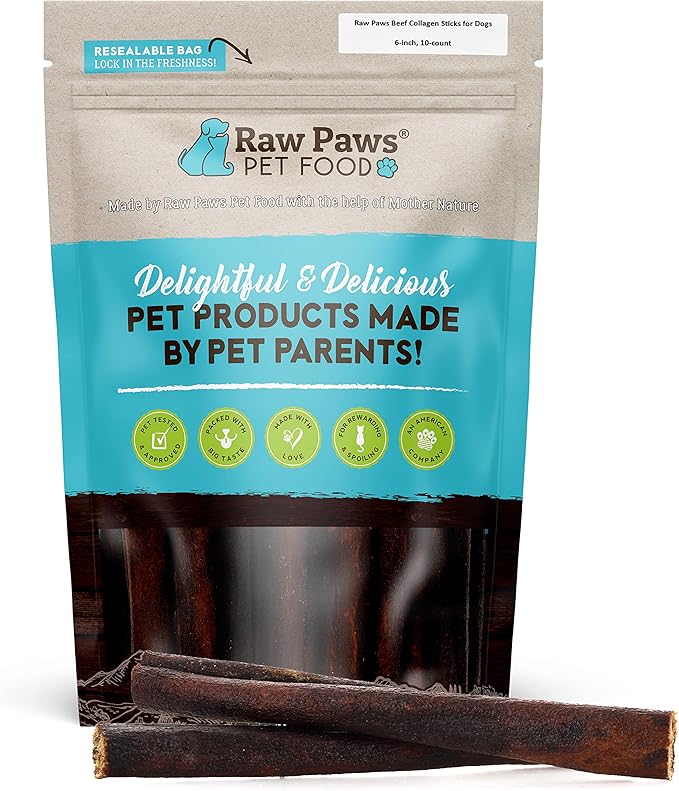 Raw Paws Beef Collagen Sticks for Dogs, 6 inch, 10-ct - Packed in USA - Natural Collagen for Dogs - Dog Chews for Aggressive Chewers & Large Dogs - Collagen Bones for Dogs, Dog Collagen Chews for Dogs