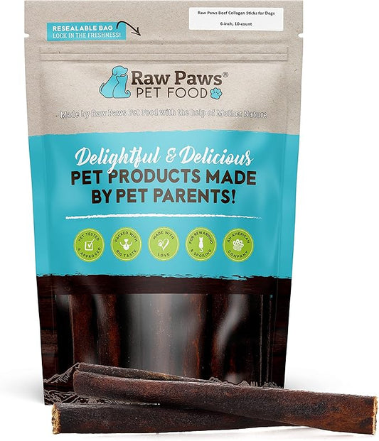 Raw Paws Beef Collagen Sticks for Dogs, 6 inch, 10-ct - Packed in USA - Natural Collagen for Dogs - Dog Chews for Aggressive Chewers & Large Dogs - Collagen Bones for Dogs, Dog Collagen Chews for Dogs
