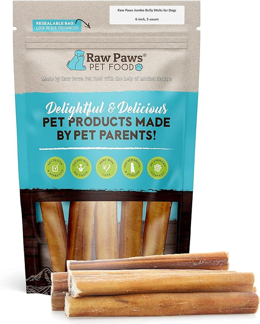 Raw Paws Jumbo Bully Sticks 6 inch, 5-ct - Extra Thick Bully Sticks for Dogs - Grass Fed, No Hormones, Free Range Cows - Pizzle Sticks for Dogs - Long Lasting Bully Bones for Aggressive Chewers