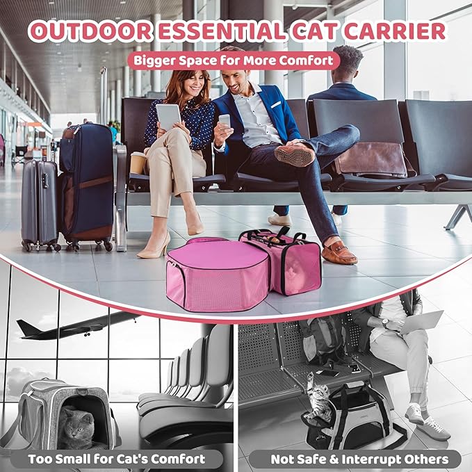 Cat Carrier, Detachable Pet Carrier Airline Approved, 18"x13.4"x11.8" Large Expandable Space 3 in 1 Soft Sided Small Dog Travel Bag, Rabbit Cat Kennel, Pet Mobile Tent Outdoors Indoors (Pink)
