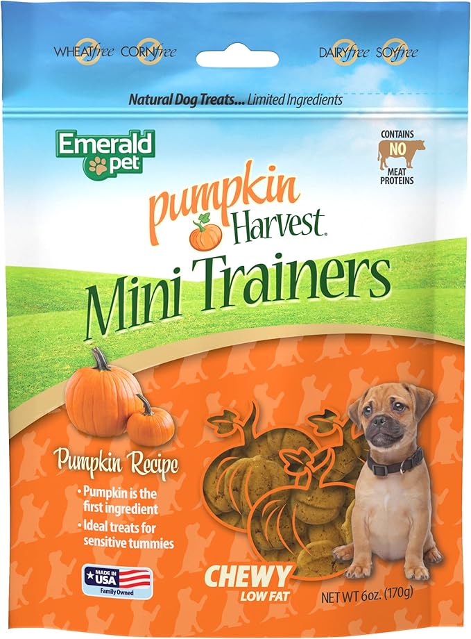 Emerald Pet Pumpkin Mini Trainers Dog Treats, 6 oz - Support Healthy Digestion, Allergen-Friendly, Vegetarian, Low-Fat, Grain Free, Made in USA