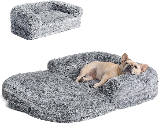 EHEYCIGA Foldable XL Dog Bed, Faux Fur Fluffy Dog Bed for Extra Large Dogs, Orthopedic Calming Memory Foam XL Dog Couch Bed, Washable Soft Warm Dog Sofa Bed with Non-Slip Bottom, Grey, 40"x30"x7"