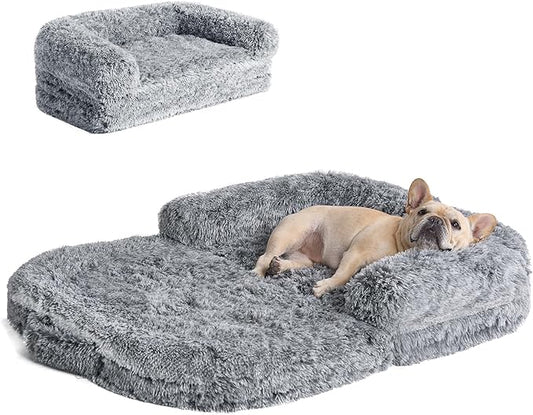EHEYCIGA Foldable XL Dog Bed, Faux Fur Fluffy Dog Bed for Extra Large Dogs, Orthopedic Calming Memory Foam XL Dog Couch Bed, Washable Soft Warm Dog Sofa Bed with Non-Slip Bottom, Grey, 40"x30"x7"