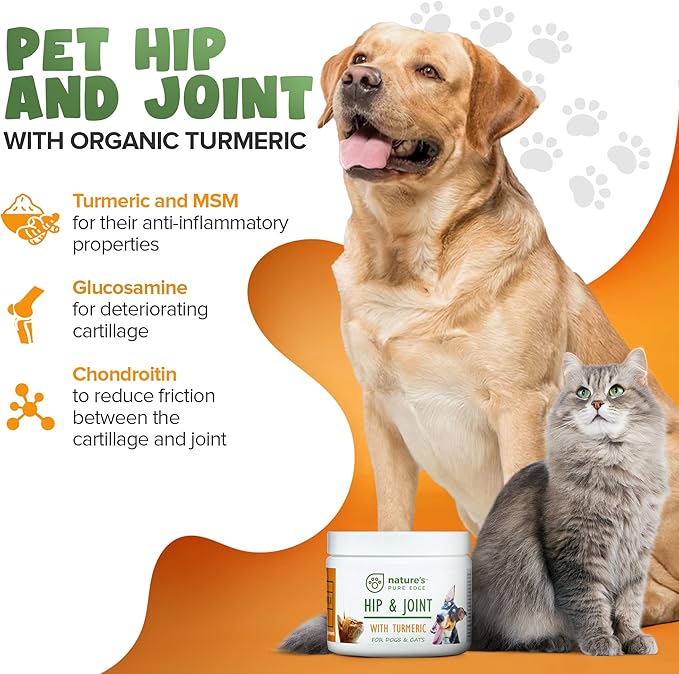 POWERFUL PET HIP & JOINT - with ORGANIC TURMERIC - Natural Ingredients - Triple Strength - Chondroitin - Glucosamine - MSM - Organic Sea Coral Calcium. Extra Large 170 Grams.
