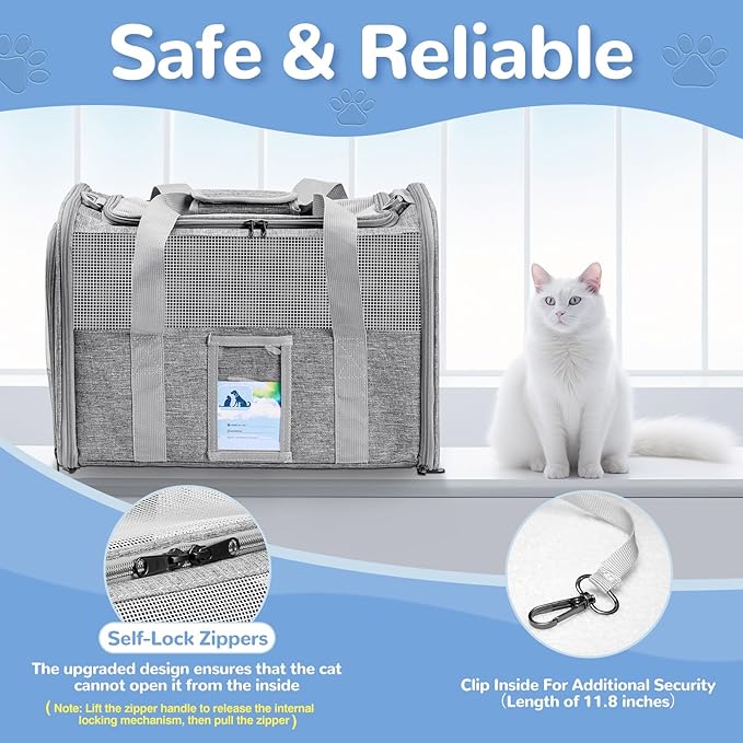Soft Sided Cat Carrier for Under 18 Pounds, Folable Pet Carrier for Small Medium Cats Dogs, Roomy Dog Travel Carrier, Collapsible Puppy Carrier Bag with Locking Safety Zippers, Gray