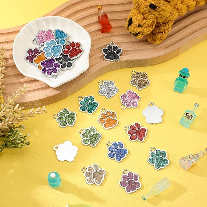 Abbylike 60 Pcs Personalized Dog Tags Blank Pet ID Tags Custom Glitter Paw Pet Tag Cute Metal Cat Name Tag Small DIY Engraved Puppy Name Tag for Dogs Pets(Silver)