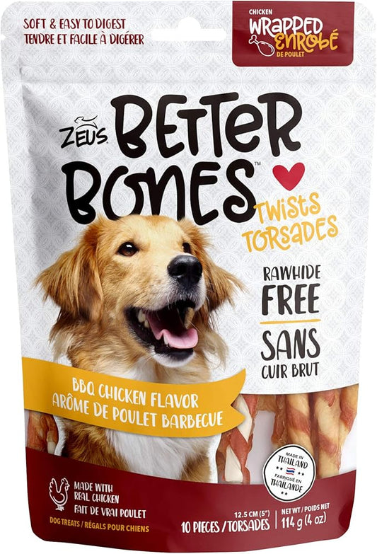 ZEUS Better Bones Dog Treats, Rawhide Free Healthy Dog Treats, BBQ Chicken Twists 10 Count