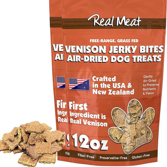 Real Meat Dog Treats - Two 12oz Bag of Bite-Sized Air-Dried Venison Jerky for Dogs - Grain-Free Jerky Dog Treats Made up of 95% Human-Grade, Free-Range, Grass Fed Venison - All-Natural Dog Treats
