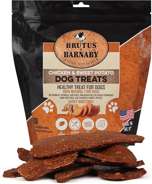 BRUTUS & BARNABY Chicken & Sweet Potato Jerky Dog Treats - Grain-Free, Preservative-Free, No Fillers - All Natural USA Chicken & Sweet Potato, High in Antioxidants - Healthy, Tasty Treat for Dogs